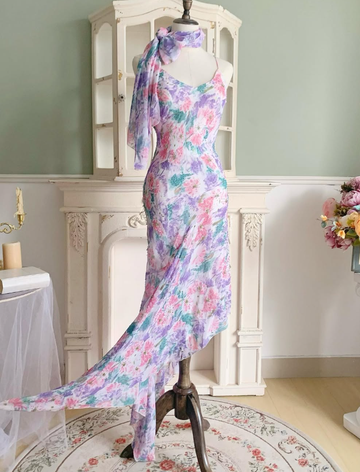 Purple Vintage Mermaid Spaghetti Strap Beaded Print Floral Chiffon Party Dress Prom Dress HZ1023